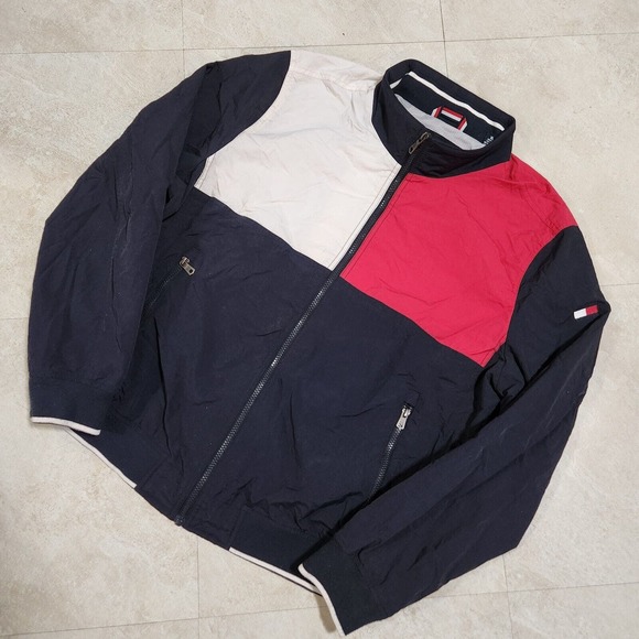 VTG Tommy Hilfiger Mens XL Colorblock Spellout Windbreaker Bomber Jacket